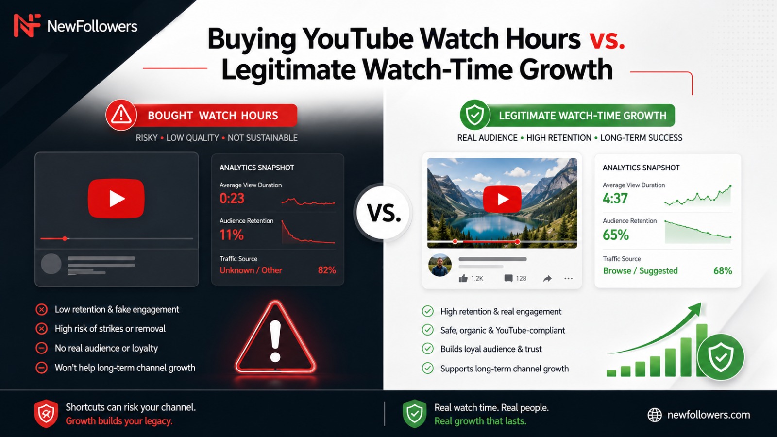 Comparison of bought YouTube watch hours against legitimate watch-time growth, contrasting a low average view duration, weak audience retention and unknown traffic sources with a longer average view duration, higher retention and browse or suggested traffic