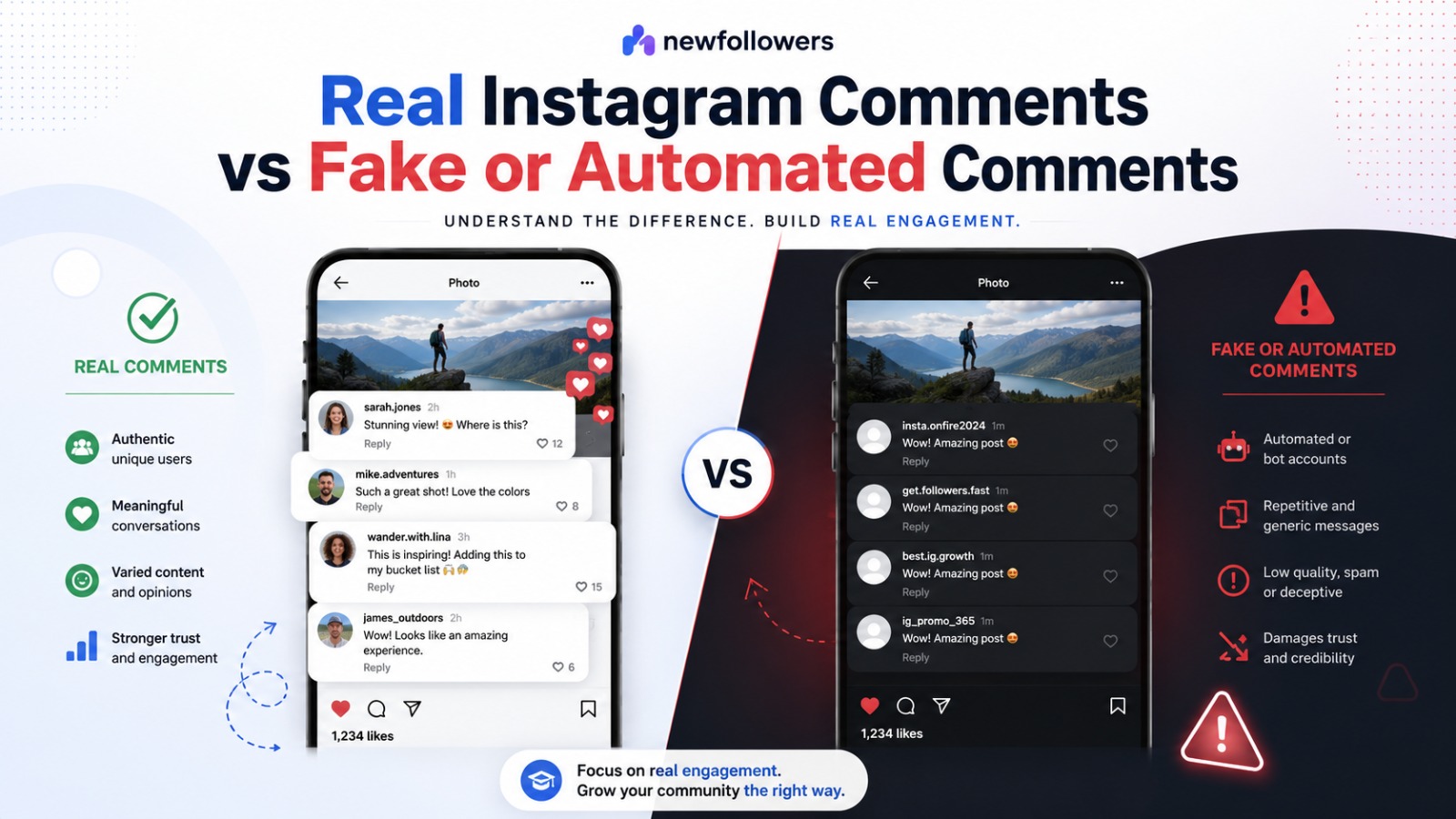 Real Instagram comments vs fake or automated comments: authentic unique users and meaningful conversations compared with automated bot accounts and repetitive generic messages