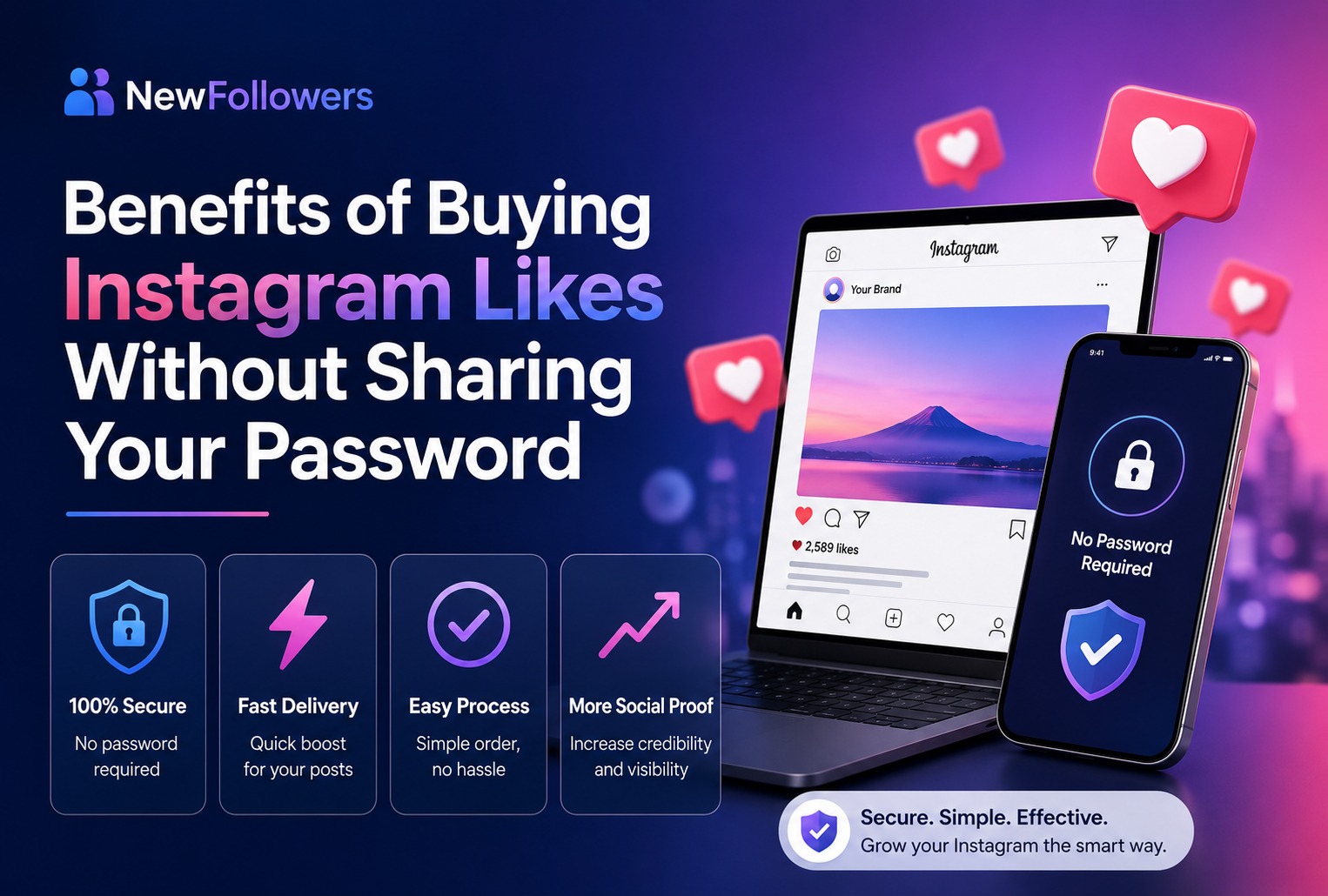 Benefits of buying Instagram likes without sharing your password: 100% secure with no password required, fast delivery, an easy ordering process, and more social proof