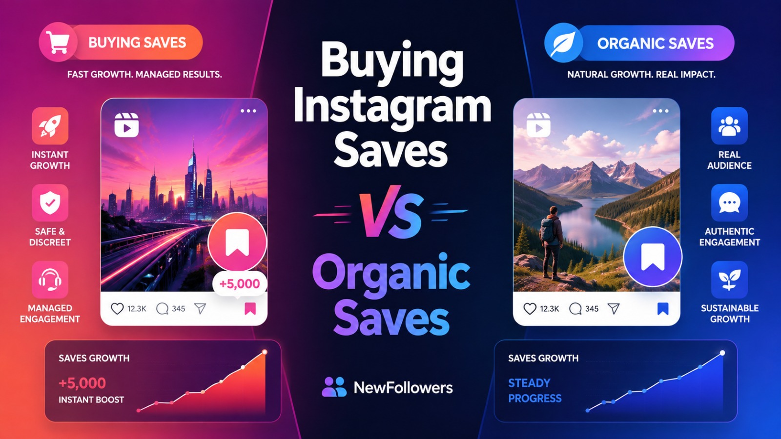 Side-by-side comparison of buying Instagram saves and earning organic saves, covering delivery speed, viewer intent, content feedback and long-term growth