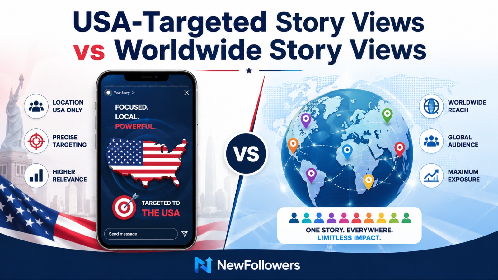 USA-targeted Instagram Story views vs worldwide Story views: location USA only, precise targeting, and higher relevance compared with worldwide reach and a global audience