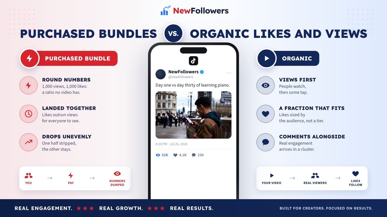 Comparison of a purchased TikTok likes and views bundle with organic engagement