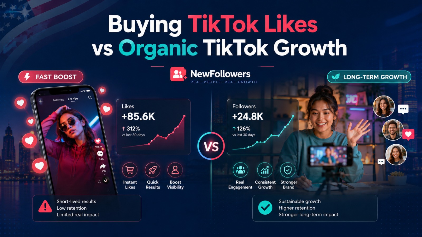 Buying TikTok likes versus organic TikTok growth: a fast boost gives instant likes, quick results and boosted visibility but short-lived results and low retention, while long-term growth gives real engagement, consistent growth and a stronger brand