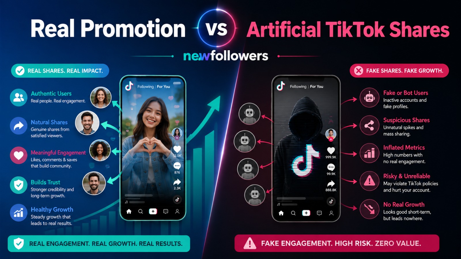 Real promotion versus artificial TikTok shares: real promotion brings authentic users, natural shares, meaningful engagement, trust and healthy growth, while artificial shares bring fake or bot users, suspicious sharing spikes, inflated metrics, policy risk and no real growth
