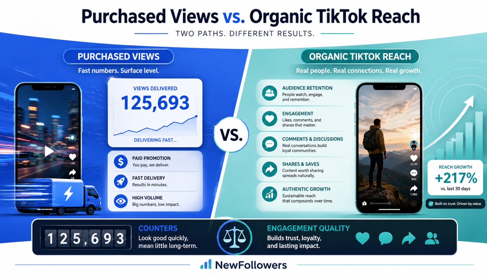 Purchased views vs. organic TikTok reach compared: purchased views deliver fast surface-level counts, while organic reach builds retention, engagement, shares and sustainable growth