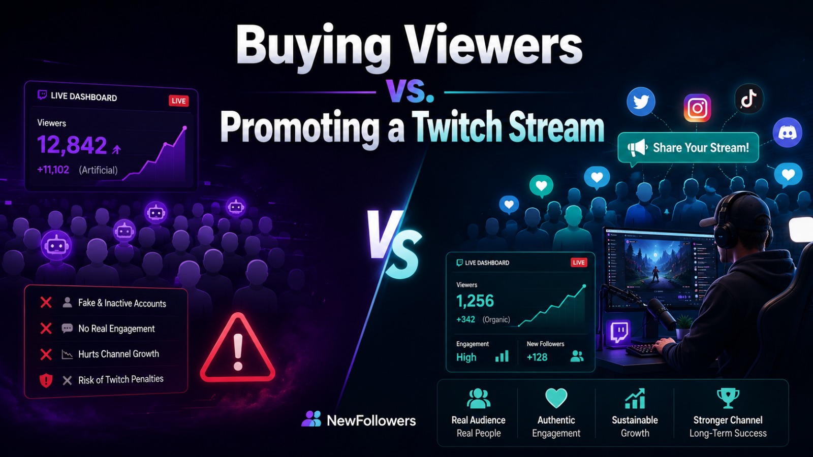 Buying viewers vs. promoting a Twitch stream compared side by side: artificial viewer inflation with fake and inactive accounts, no real engagement and risk of Twitch penalties, versus real audience promotion that drives authentic engagement and sustainable channel growth