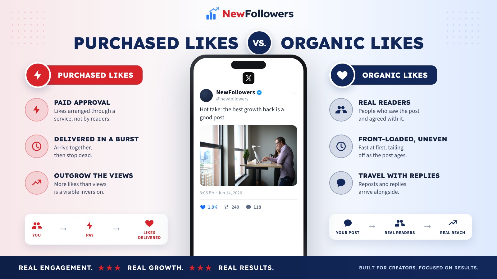 Purchased Twitter likes versus organic likes: purchased likes are paid, arrive in a burst from accounts that never saw the post, and sit beside zero replies or reposts, while organic likes come from real readers, arrive unevenly as the post is seen, and travel with the replies and reposts that make a post look received