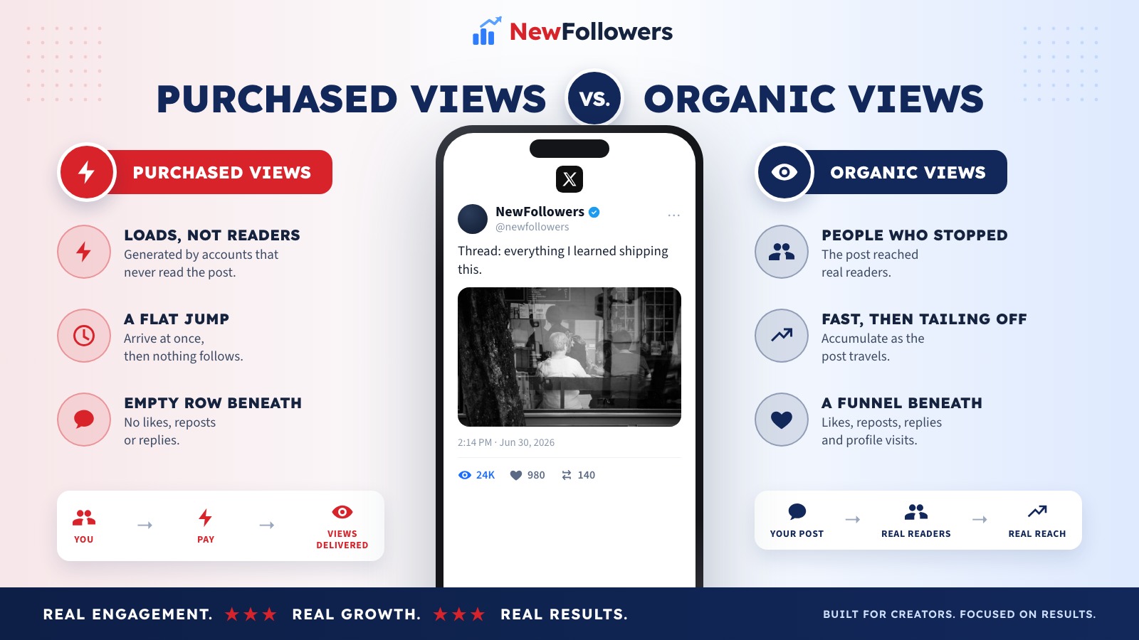 Purchased X views versus organic views: purchased views are loads generated by accounts or automation that never read the post, arrive in a flat jump and leave no likes, reposts or replies beneath them, while organic views come from people the post reached, accumulate as it travels, and convert into the reactions and profile visits that make the count credible