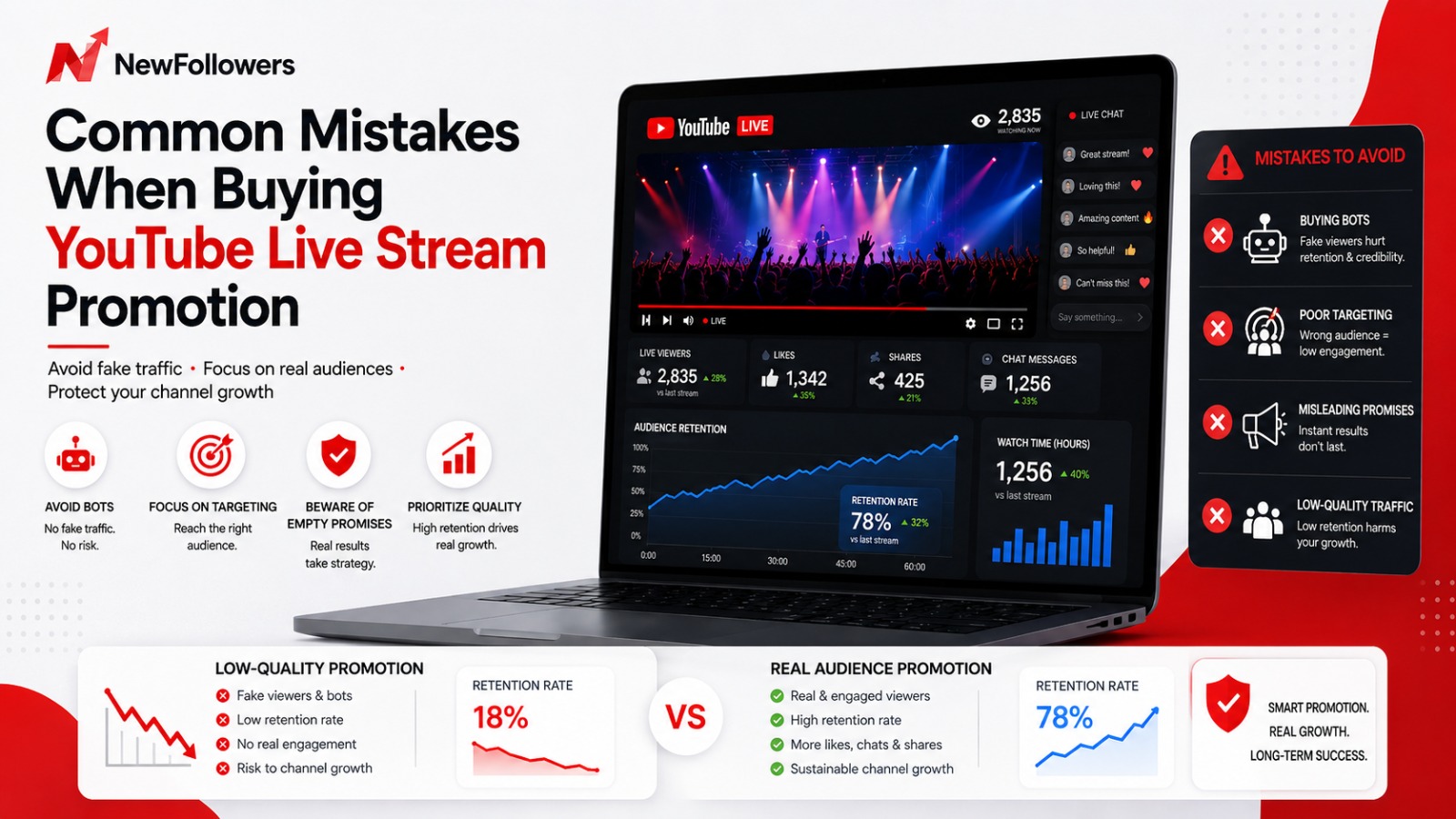 Common mistakes when buying YouTube live stream promotion: choosing quantity over relevance, expecting promotion to fix weak content, using artificial live traffic, expecting guaranteed virality, and ignoring analytics after the campaign
