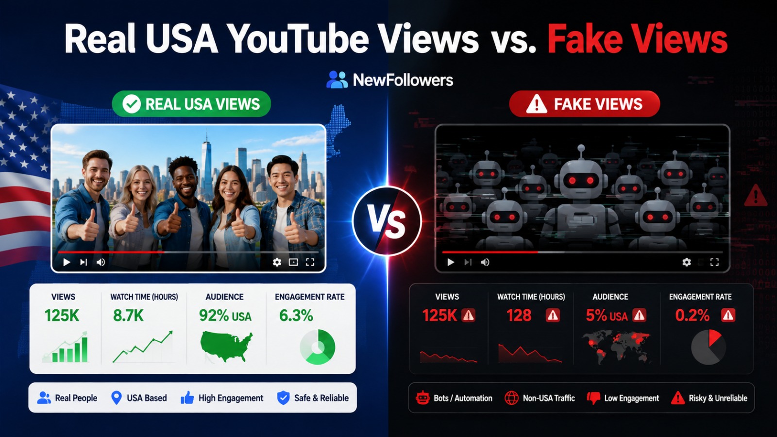 Real USA YouTube views vs. fake views compared side by side: real audience promotion delivers genuine U.S. viewers, high watch time, and safe engagement, while fake or bot views bring non-USA traffic, low engagement, and risky, unreliable results